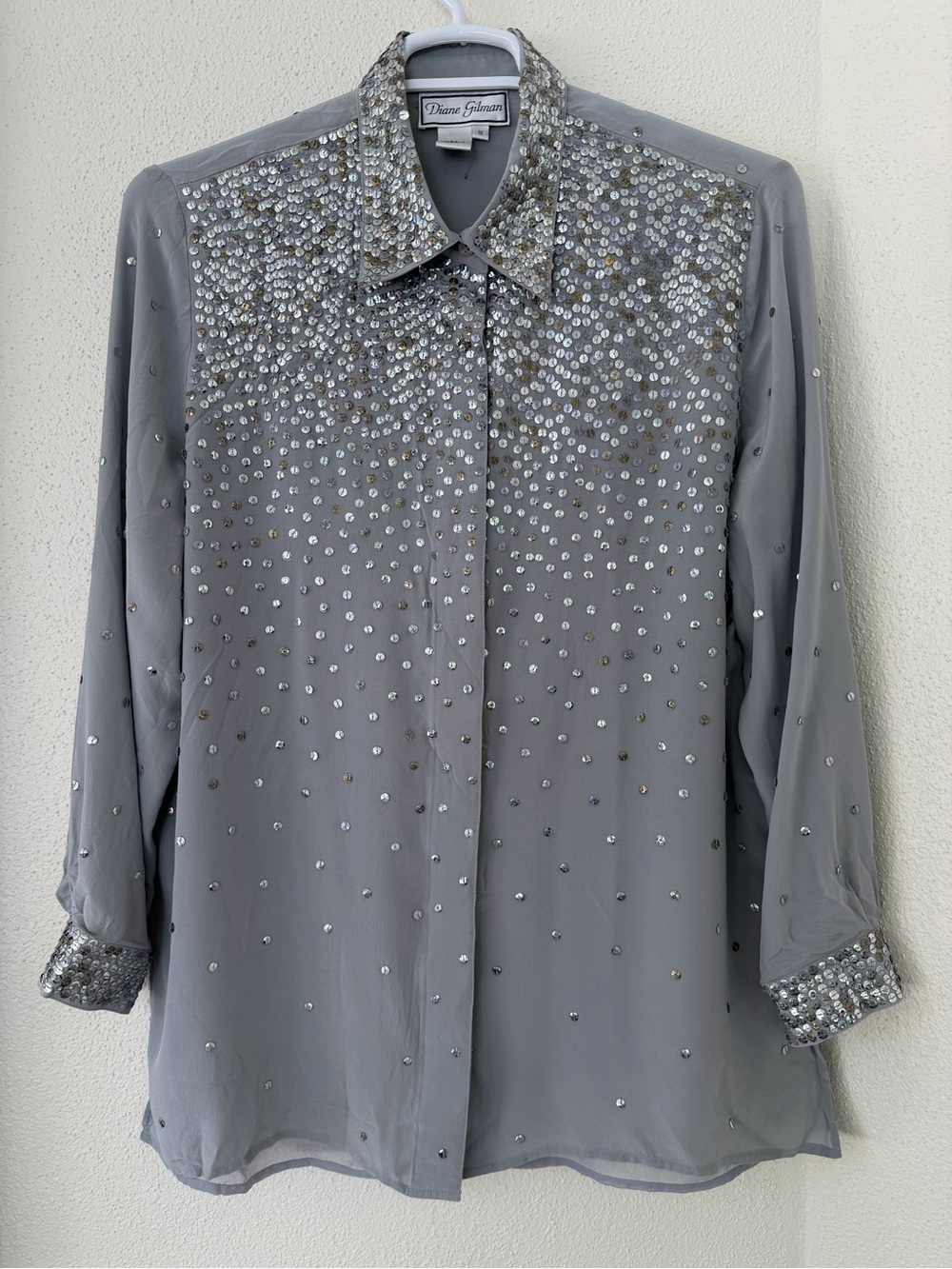 Diane Gilman Vintage Silver-Gray Sequined Button Front Shirt 1X Ideal Condition